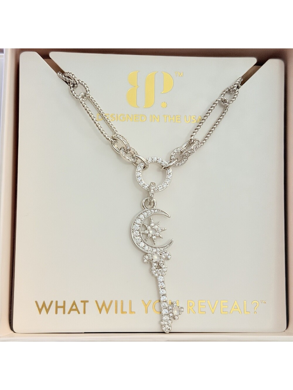 Bomb Party Halo Necklace "Keys To Heaven" Genuine Moonstone on Rhodium